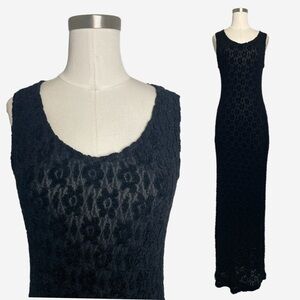Vintage Y2K Carole Little Black Chenille floral knit sleeveless maxi stretchy S